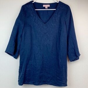 Saint Tropez West, dark blue embroidered linen V neck lightweight tunic top, EUC